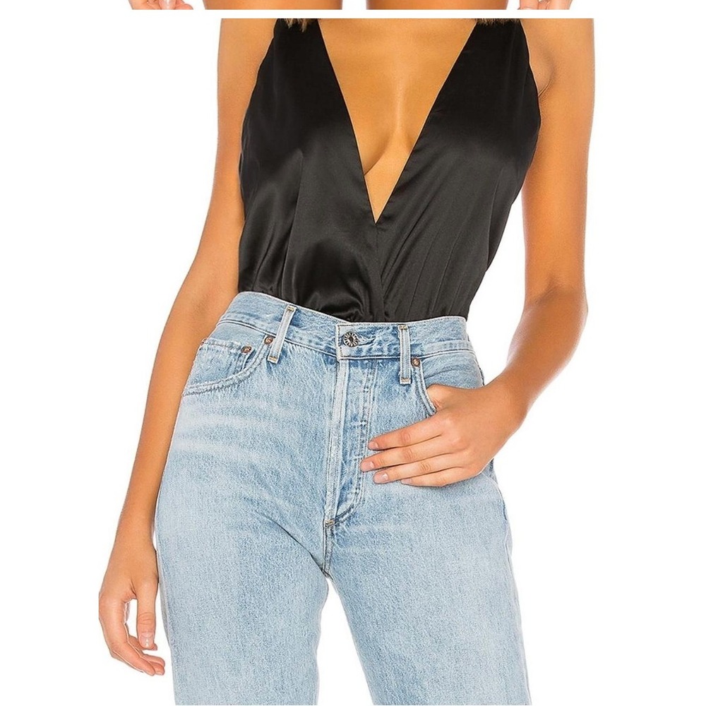 superdown Black Satin Plunging V-Neck Bodysuit Thong Back XXS NEW
